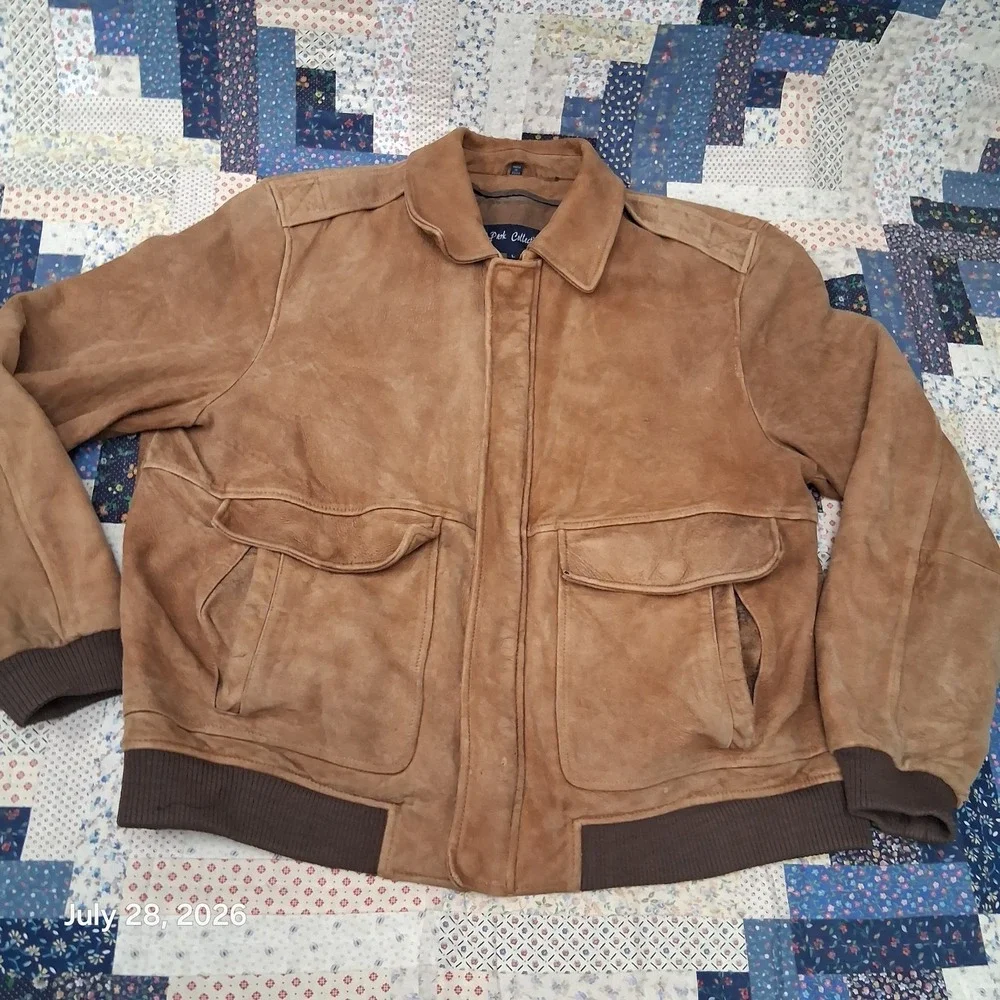Vintage J Park Collection Mens Large Tan Suede Leather Bomber Jacket Utility 90s